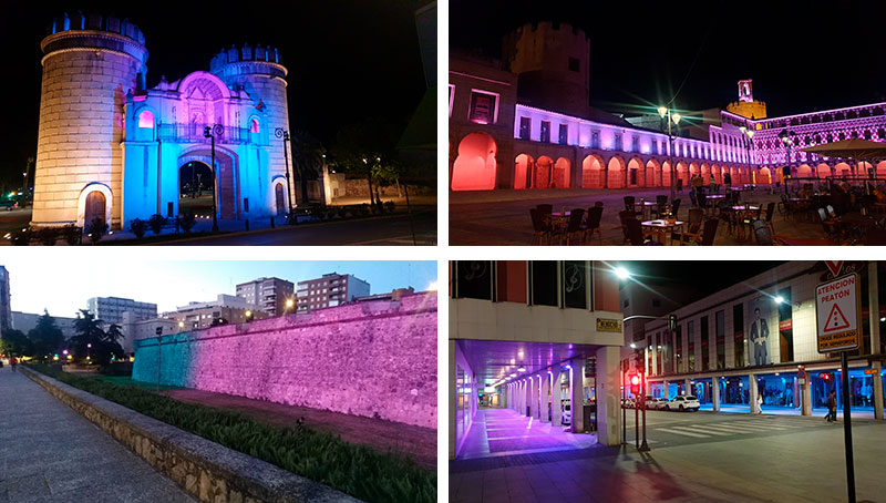 Zonas de Badajoz iluminadas con los colores azul y púrpura. Fotos: Cedidas